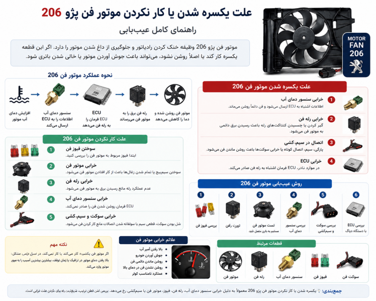 علت یکسره شدن یا کار نکردن موتور فن پژو 206 + روش عیب‌یابی کامل